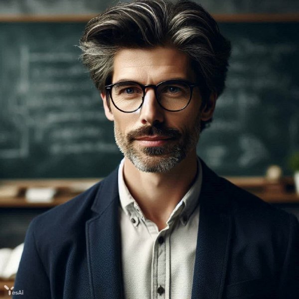 Учитель на уроке: портрет преподавателя в классе с доской и мелом. Изображение из нейросети Далли 3