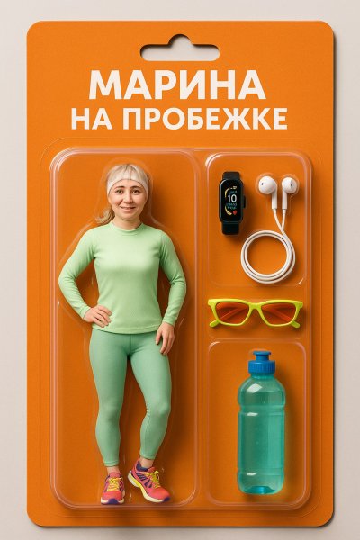 Марина на пробежке: персонализированная экшн-фигурка в стильной упаковке. Генерация из нейросети Sora Images