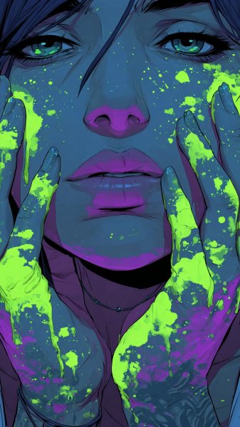 Неоновый бунт: яркие татуировки, губы и эффект кьяроскуро. Изображение из нейронной сети Midjourney