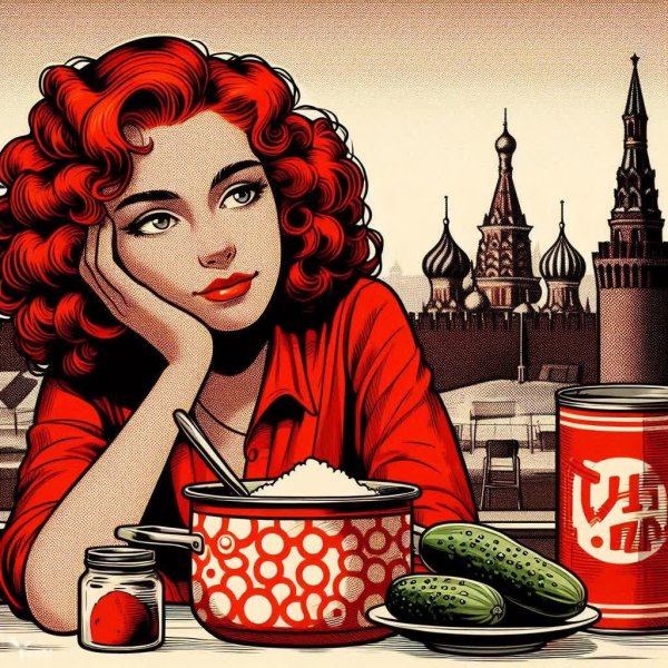 Рыжая девушка у окна: комичный натюрморт с Кремлём и огурцами. Нейросеть Dalle-3