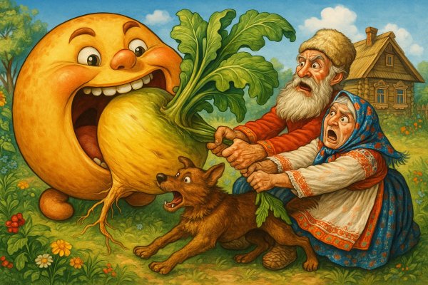 Колобок и гигантская репка: забавная борьба поколений и домашних животных. Изображение из нейросети Sora Image