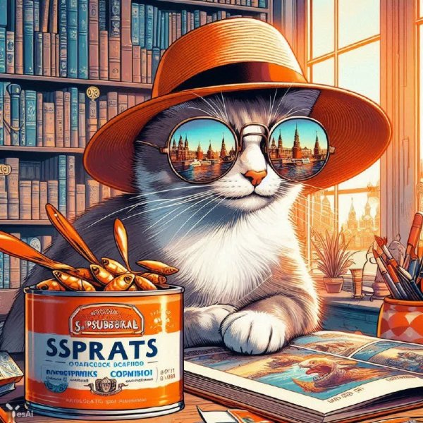 Котик в библиотеке: приключения с шпротами и видом на Петербург. Картинка из нейронной сети Далли 3