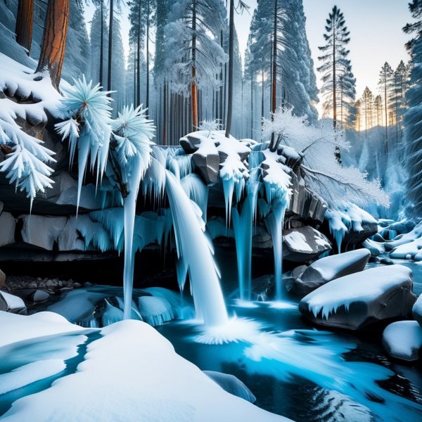 Замерзший водопад: ледяная симфония зимней сказки и великолепия природы в деталях. Изображение из нейросети Stable Diffusion