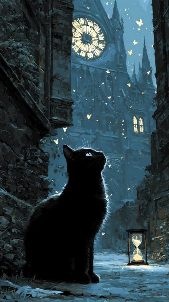 Черный кот и готический собор: тайна времени и забытых воспоминаний. Нейронная сеть Midjourney