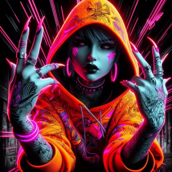 Неоновая бунтарка: яркий стиль на фоне уличного искусства и ультрафиолета. Картинка из нейронной сети Dalle 3