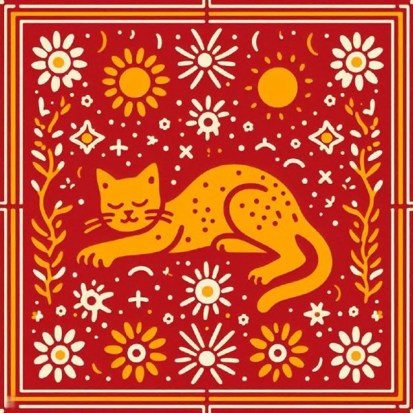 Кошка в шляпе на красной плитке с цветочным узором и солнечными бликами. Картинка из нейросети Dalle 3