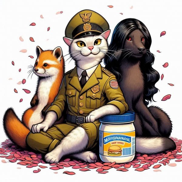 Необычная компания наблюдает за странным сюрпризом среди лепестков. Нейронная сеть Dalle-3