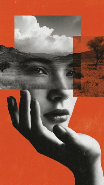 Отражение в ладони: минималистичный черно-белый коллаж с женским лицом и нежным облачным небом. Генерация из нейронной сети Midjourney