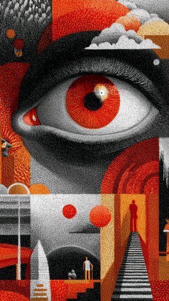 Глаз-пейзаж: отражения и глубина в акриловом рисунке. Картинка из нейронной сети Midjourney