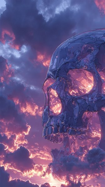 Неоновый череп: сюрреалистичный портрет в драматическом небе. Картинка из нейросети Midjourney