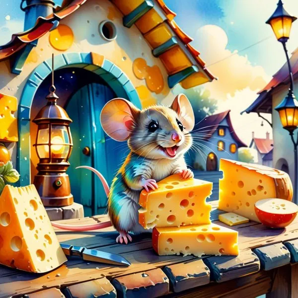 Милая мышь и дом из сыра на Сырной улице. Изображение из нейросети Stable Diffusion