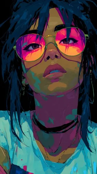 Неоновый бунт: Киберпанк-макияж в стиле vaporwave и неоновых эмоций. Картинка из нейросети Midjourney