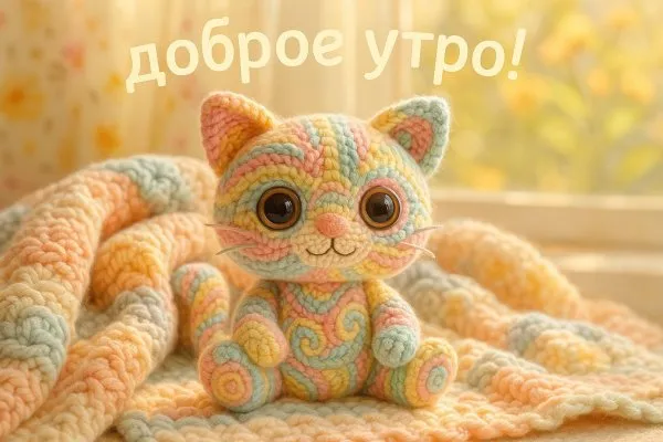 Уютный котенок амигуруми: вязаное чудо в солнечных лучах и нежных тонах. Изображение из нейросети Sora images Ai