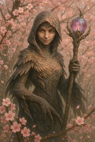Преображение в цветущем лесу: загадочная фигура с кристаллом. Нейросеть Sora Image