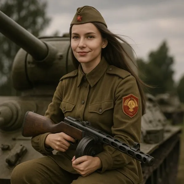 Советская рядовая: взгляд сквозь огонь войны на легендарном Т-34. Изображение из нейронной сети Sora