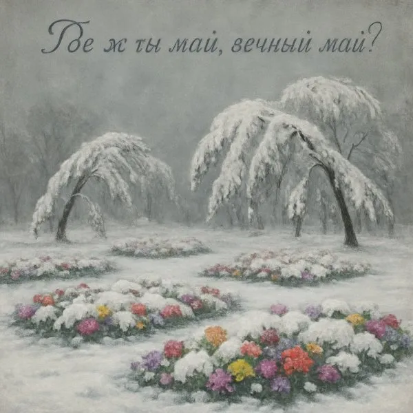 Зимняя сказка: цветы под снегом и печальное небо. Генерация из нейронной сети Sora Images