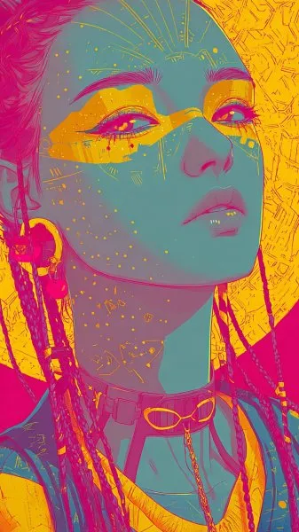 Яркая красота: игра желтого и вишни на фоне неоновых красок. Изображение из нейросети Миджорни