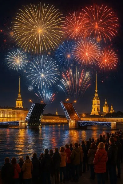 Праздничный салют над Санкт-Петербургом в День Победы: огни и эмоции. Картинка из нейросети Sora Ai Images