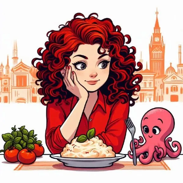 Рыжая мечта в Генуе: картофельное пюре и осьминог-гурман. Изображение из нейросети Dalle