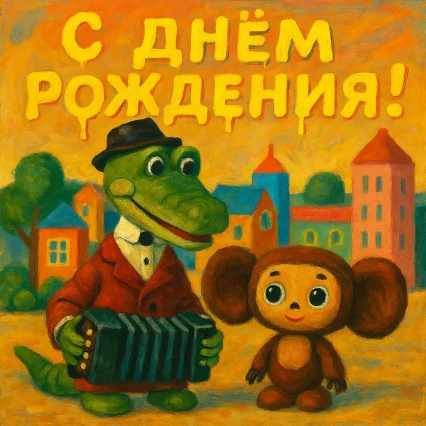 Крокодил Гена и Чебурашка: трогательное поздравление в стиле СССР. Изображение из нейронной сети Sora Image
