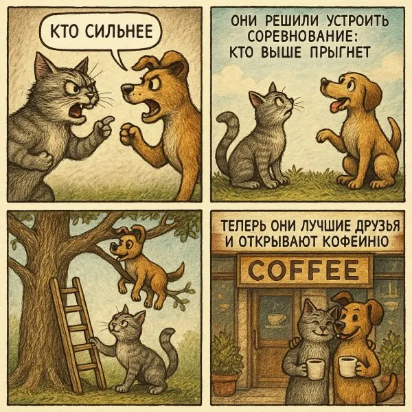 Кот, пёс и неожиданная дружба в кофейне: комикс о соперничестве. Генерация из нейронной сети Sora