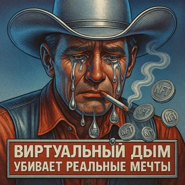 Ковбой, NFT и критика потребления: ретро-футуристическая провокация. Картинка из нейросети Sora images Ai