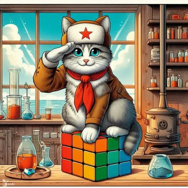 Пионер, фармацевт и кубик Рубика: необычное сочетание в русском стиле. Картинка из нейронной сети Dalle