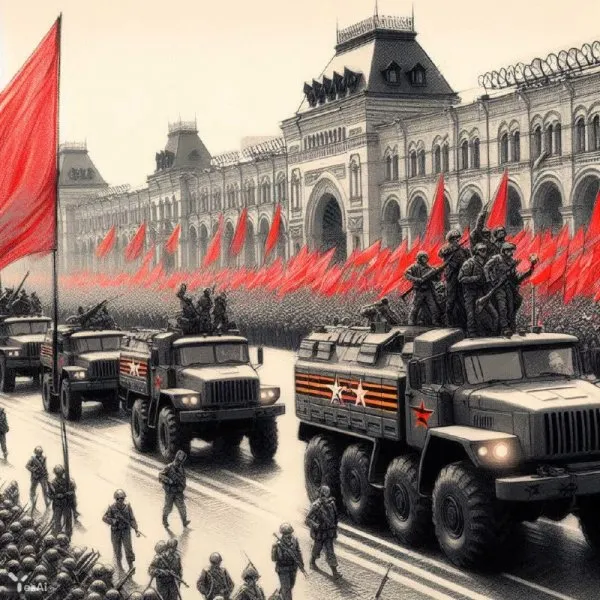Победный парад: черно-белый ретроэскиз в стилистике пастели и сангвины. Изображение из нейронной сети Dalle 3