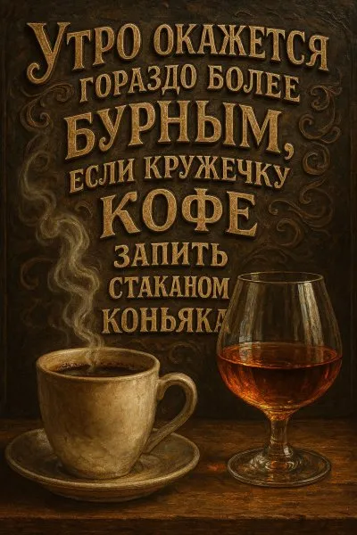 Бурное утро с кофе и коньяком: рецепт бодрости и веселья. Изображение из нейронной сети Sora Ai Images