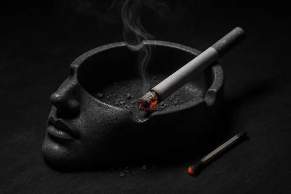 Осколок ночи: тлеющий сигарет и пепел прошлого в драматичном свете. Картинка из нейронной сети Sora Image
