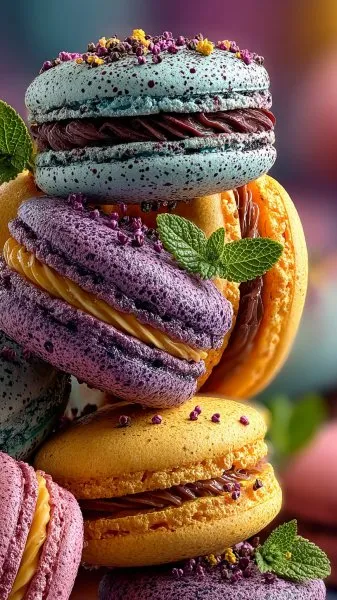 Яркие макаруны в нежной зелени: фотореалистичная красота вкуса и цвета. Генерация из нейронной сети Midjourney