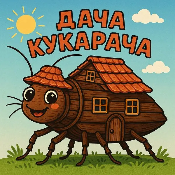 Домик-таракан: Весёлая дача на восьми ножках под солнечным небом. Нейросеть Sora Images
