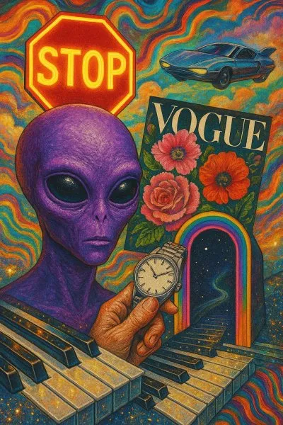 Космическая мозаика: футуристичный мир в стиле Vogue и психоделических снов. Изображение из нейросети Sora Images