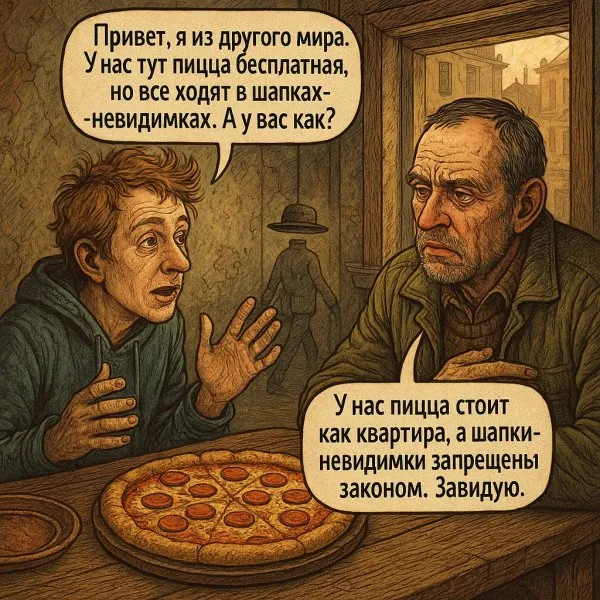Два мира: пицца, шапки и законы абсурда. Генерация из нейронной сети Sora Image