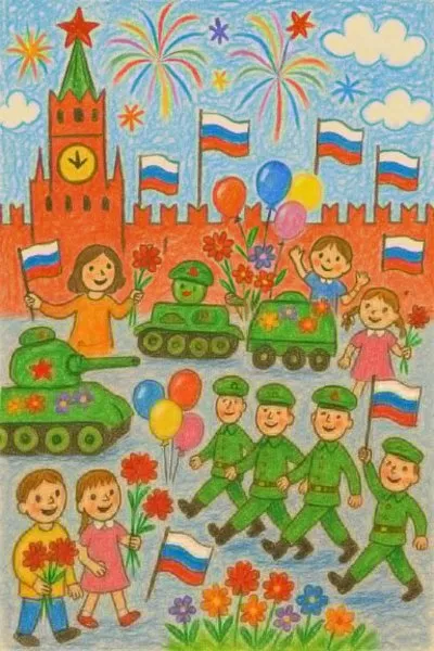 Праздничный детский рисунок: парад на Красной площади в День Победы. Нейросеть Sora Images