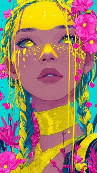 Яркая красота: игра желтого и вишни на фоне неоновых красок. Изображение из нейронной сети Midjourney