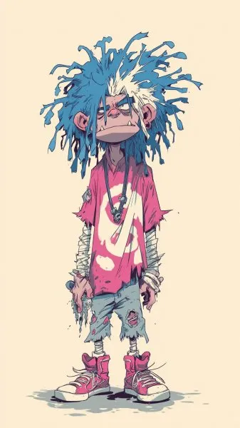 Яркий персонаж с безумными волосами и гротескной внешностью на однотонном фоне. Генерация из нейронной сети Midjourney