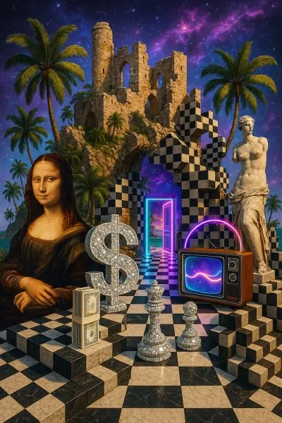 Руины замка и портал в другую реальность: сюрреалистичная 3D коллаж арт композиция. Картинка из нейронной сети Sora Image