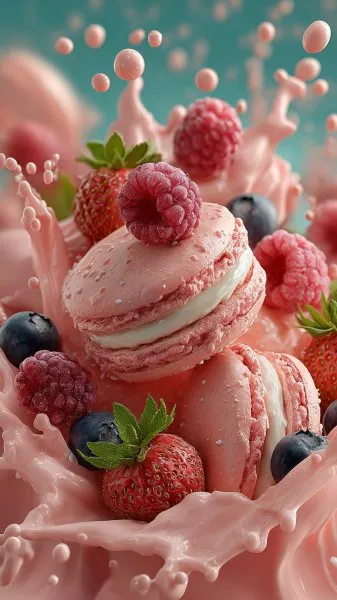 Макаруны с ягодами: взрыв цвета и сладости в стиле Candy Crush. Картинка из нейросети Midjourney