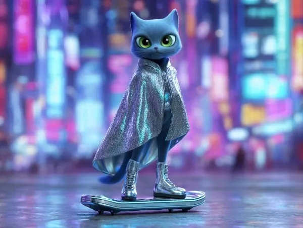 Кошачий гламур будущего: футуристический кот на ховерборде в неоновом городе. Нейронная сеть Миджорни
