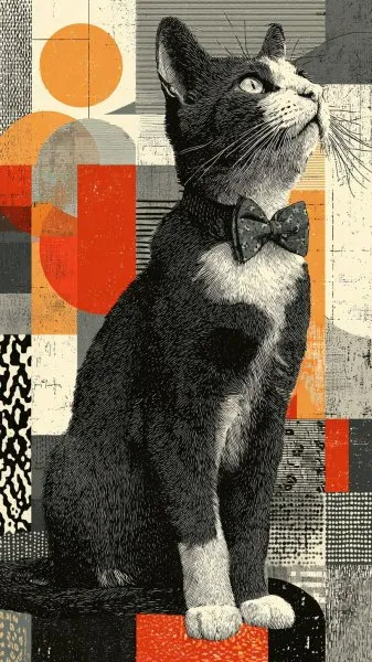 Котик в бантике: игривая элегантность современного искусства. Картинка из нейронной сети Midjourney