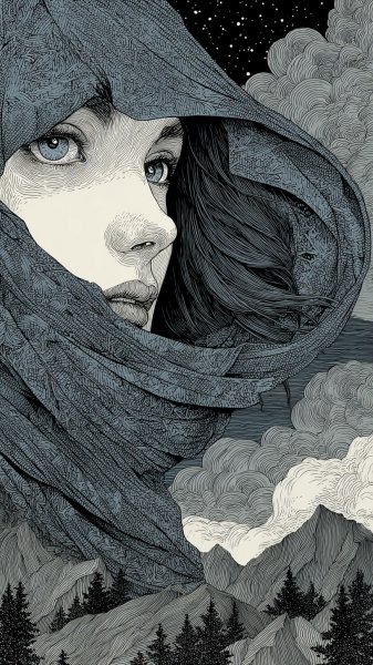 Загадочная красавица в туманной дымке: мрачное фэнтези и дыхание природы. Изображение из нейронной сети Миджорни