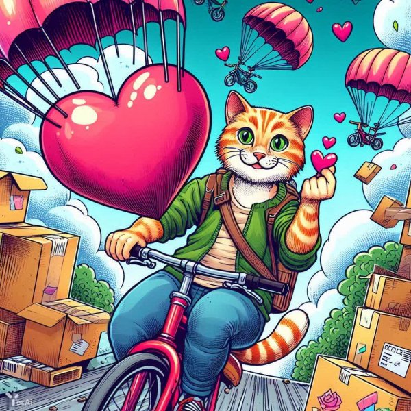 Котик-велосипедист дарит радость и праздничное настроение всем вокруг. Генерация из нейросети Dalle-3