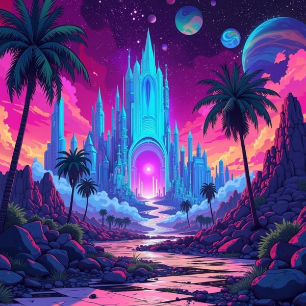 Неоновый город инопланетян: сюрреалистический пейзаж в стиле vaporwave. Генерация из нейронной сети Flux