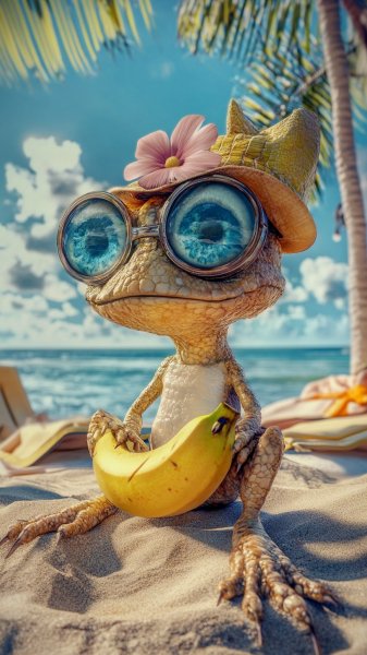 Банановая ящерица на пляже: летнее приключение в стиле Pixar. Генерация из нейронной сети Midjourney