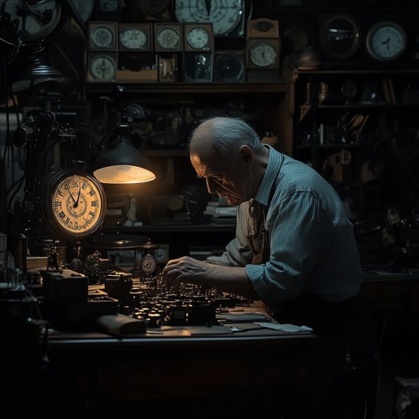 Часовщик, способный повернуть время вспять: мрачный кинематографический триллер. Генерация из нейросети Midjourney