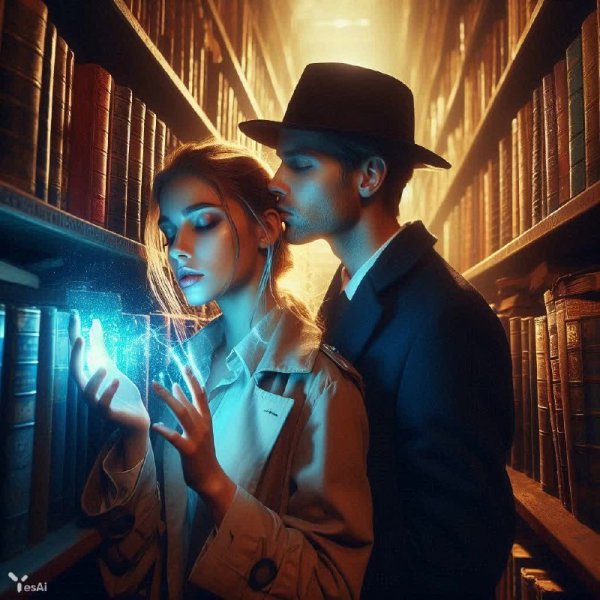 Заколдованная библиотека и нежная тайна в полумраке старинных полок. Картинка из нейросети Dalle