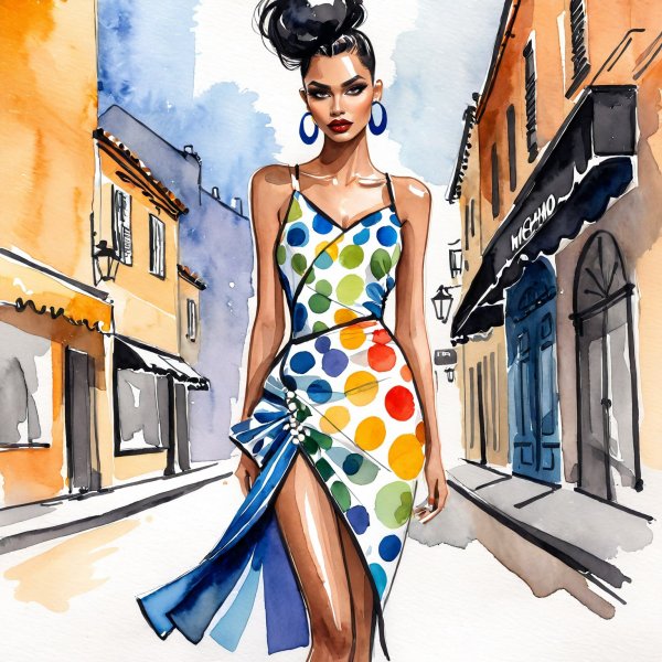 Уличный шик: слияние Рика Оуэнса и Moschino в ярком вечернем платье. Картинка из нейронной сети Stable Diffusion