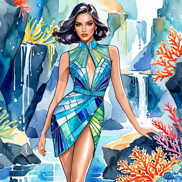 Футуристичная мода: сплав Mugler и Guo Pei в подводном дворце. Нейронная сеть Stable Diffusion