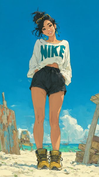 Летнее настроение и стиль: девушка в образе от Nike на пляже. Картинка из нейронной сети Midjourney